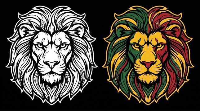 Lion of Judah face eps vector art image illustration. Rasta Jamaican lion head front view with rastafarian reggae colors on dark background