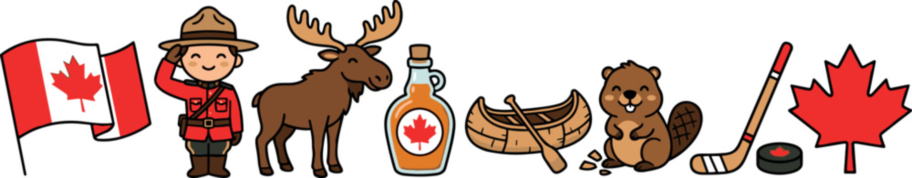 Canada Day Vector Icon Set Featuring Cute Cartoon Canadian Flag Mountie Moose Maple Syrup Canoe Beaver Ice Hockey Stick and Maple Leaf Elements