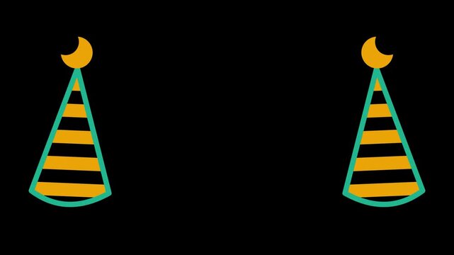 Two party hats with crescent moon animation isolated on black background