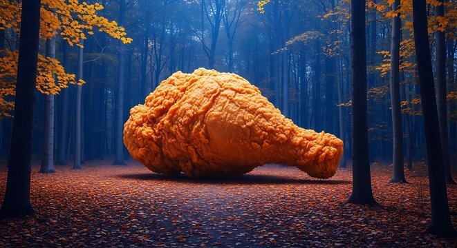 Autumn forest scene with large fallen tree trunk.