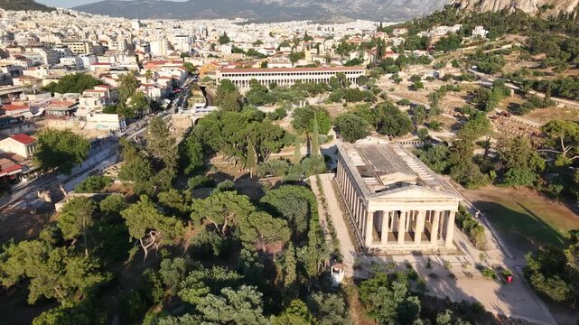 Aerial view of the Temple of Hephaestus and the Stoa of Attalos in the Ancient Agora of Athens, Greece