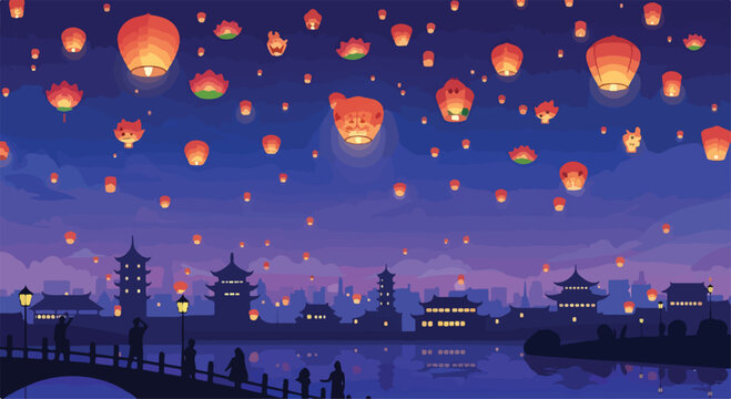 A serene evening scene of lanterns floating above a cityscape