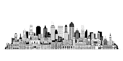 Obraz premium City Skyline Skyline Poster with Hand Drawn Black Silhouette of Skyscrapers and Landmarks Across the Horizon