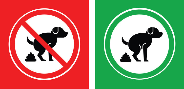 Dog pooping warning sign pet shitting silhouette.Red and green background