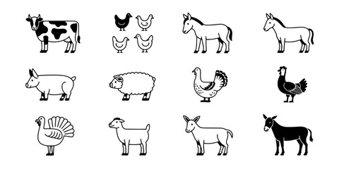 Fototapeta premium Animals Farm Set with Various Livestock and Poultry Illustrations Featuring Cow, Chicken, Horse with Pig and Sheep Elements for Turkey, Donkey
