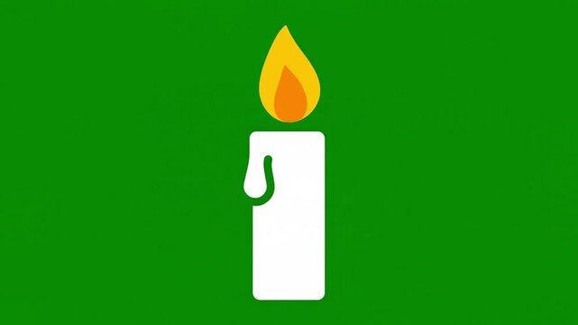 Animated flat icon of a lit wax candle with a flickering flame over a vibrant green screen background