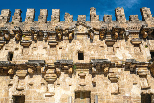 Interior wide-angle view of the well-preserved ancient Roman Theater of Aspendos in Antalya, Turkey.