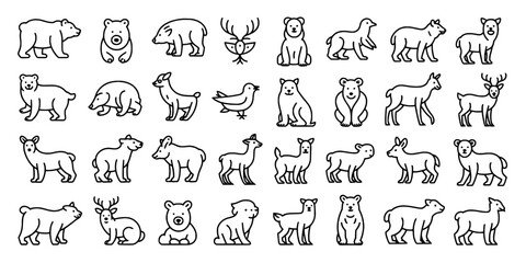 Fototapeta premium Animals Line Art Set with Black and White Illustrations of Bears, Deer, and Other Wildlife Featuring Moose, Elk, Antlers with Forest and Nature
