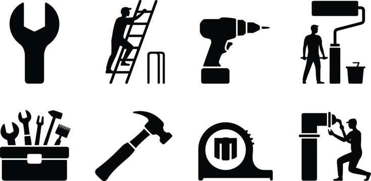 Construction and repair silhouette icons featuring tools, workers, ladder, drill, paint roller, hammer, tape measure, and plumbing activities