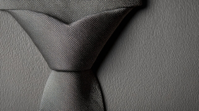 Close-up of a charcoal grey silk tie, neatly knotted and subtly textured, against a complementary textured surface, suggesting elegance and formal attire.