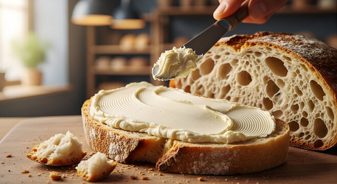 A hand using a knife to spread soft cream cheese or butter on a slice of freshly baked artisanal sourdough bread.