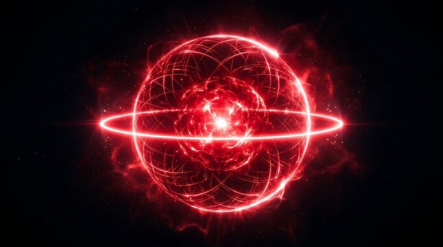 Glowing red orb featuring complex intersecting light rings and radiant particles floating in deep darkness to create a powerful abstract representation of intense cosmic energy fields.