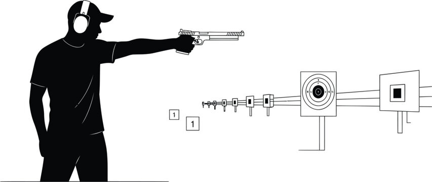 Silhouette of a man shooting a pistol at a target