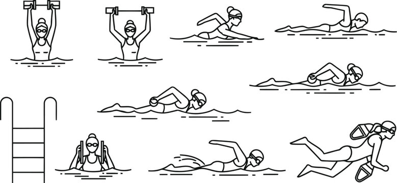 Set of swimming and water sports line icons