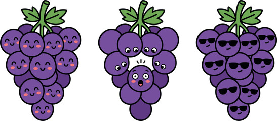 Cute Cartoon Purple Grape Bunch Mascot Character Set with Smiling Expressions, Looking Down at Surprised Core, and Wearing Black Sunglasses Poses © EdGe Creative