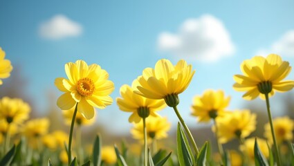 Fototapeta premium Bright yellow daisies blooming in a vibrant field under a clear blue sky with fluffy white clouds, showcasing the beauty of nature in springtime