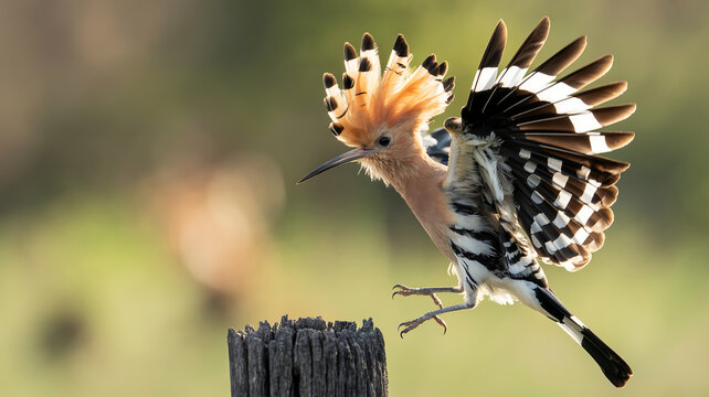 Hoopoe bird taking off from a wooden post with wings spread and crest raised