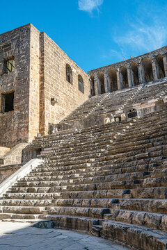 Interior wide-angle view of the well-preserved ancient Roman Theater of Aspendos in Antalya, Turkey.