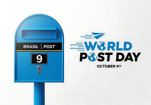 World Post Day mailbox with number nine and Brazil post sign on blue background