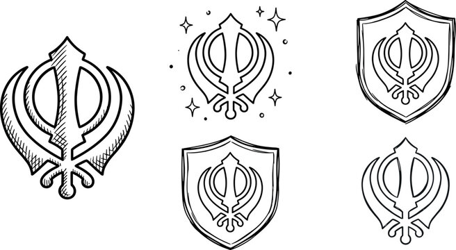Hand Drawn Sikh Khanda Symbol Icon Set Featuring Engraved Linework, Shield Emblems, Star Sparkles, and Minimalist Contour Outlines for Religious Graphic Vector Designs