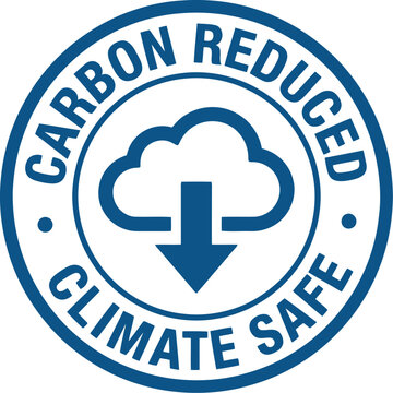 Carbon reduced climate safe blue circular stamp with cloud icon and download arrow symbol. Eco friendly certification.