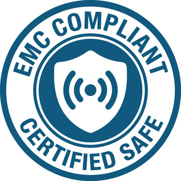 Emc compliant certified safe blue circular stamp with shield and signal waves. Electromagnetic compatibility approved. Technology safety.
