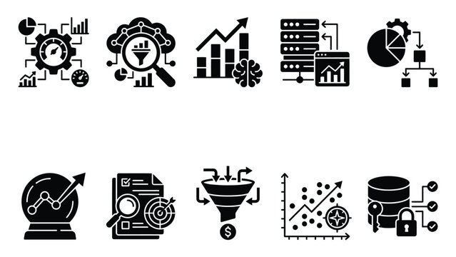 Set of data analysis and processing icons, presenting concepts like data filtering, optimization, storage, and visualization.