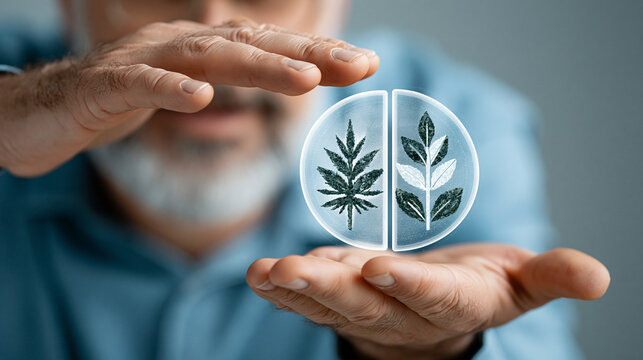 Close-up of a senior man's hands protecting a glowing circular digital icon showing two different types of green plant leaves