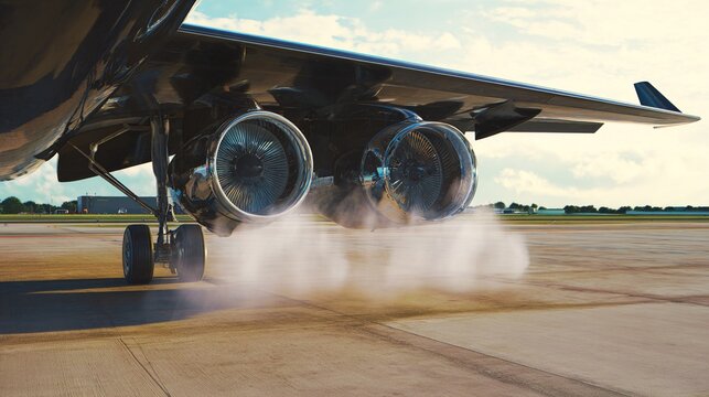 thrust. Jet aircraft on runway with visible heat distortion waves. mobility guides, transit brochures, designed for transport & logistics marketing, used by management consultants.