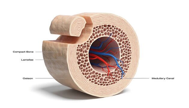 Anatomically Accurate 3D Medical Diagram of Bone Cross-Section with Blood Vessels