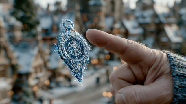 Close-up of a finger touching a glowing holographic pocket watch compass icon made of ice particles with a winter town background