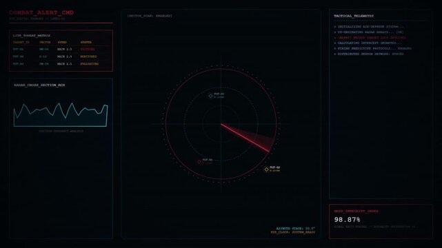 Futuristic military combat alert radar interface hud display.