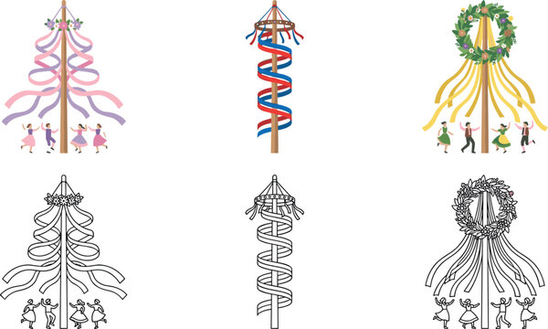 Traditional Maypole Festival Vector Set with Dancing People Colorful Ribbons and Floral Wreath Decorations in Flat and Line Art Outline Styles