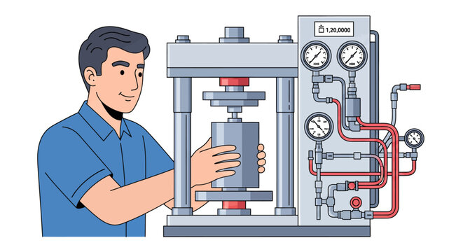 Male technician operating industrial hydraulic press machine