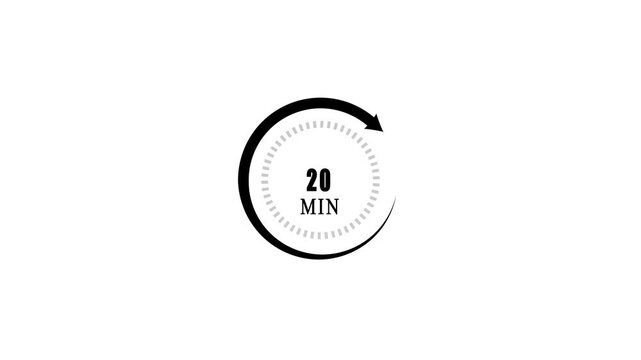 A circular arrow rotates with a ticking clock face, then displays 20 min in a dynamic and clean animation on a white  background  white background 