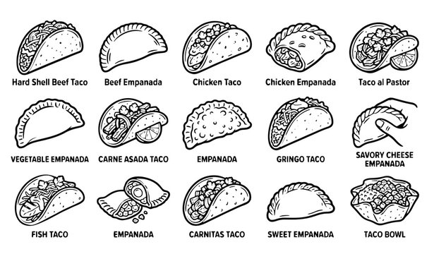 Mexican Food Icon Set Featuring Tacos Burritos Nachos Quesadillas Empanadas Tamales Guacamole And Hot Chili Peppers Silhouette Vector Graphic Templates