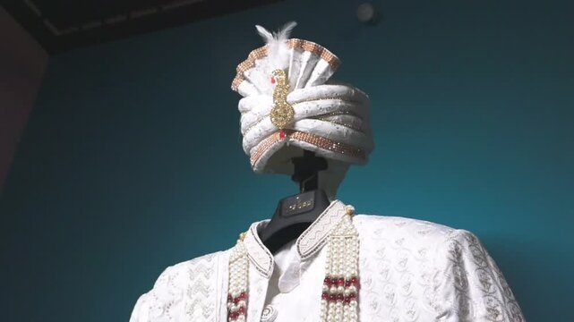 Close-up footage of a traditional Indian groom wedding turban (Safa or Pagdi) decorated with an ornamental brooch, gemstones, and white feather. The ceremonial headwear is an essential part of groom.