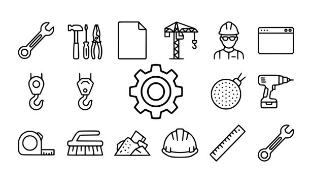 Minimal Construction Industry Thin Line Icons with Building Tools Machinery and Worksite Elements