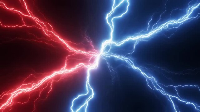 "Red and blue lightning bolts converging, symbolizing opposing forces, duality, and raw electrical power."