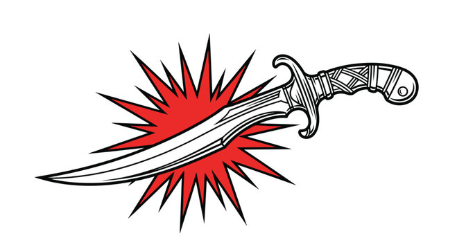 Intricate silver dagger with a decorated handle is placed over a sharp red explosion shape on a white background for a dramatic combat theme.