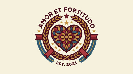 Fototapeta premium A spade symbol is prominently displayed inside a diamond shaped badge on a landscape oriented pro design element featuring Amor Et Fortitudo logo.