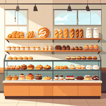 Bakery display with various breads pastries and cakes