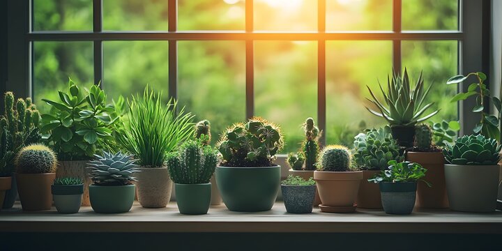 Serene indoor garden scene with various potted plants on a windowsill during sunset