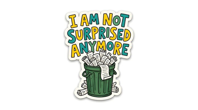 I Am Not Surprised Anymore Sticker: A humorous sticker depicting a full trash can overflowing with rolled-up papers, above which reads the phrase I AM NOT SURPRISED ANYMORE.