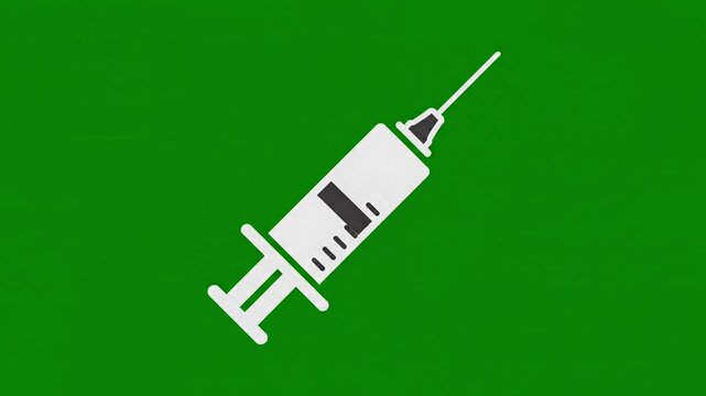 Animated medical syringe icon with liquid filling on a green screen background representing vaccine concept