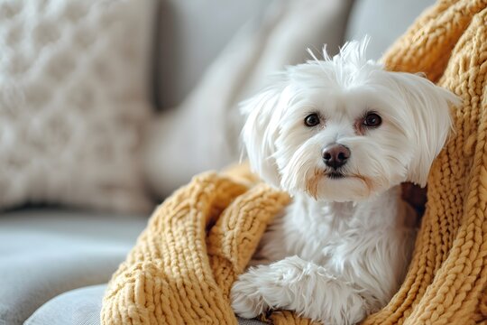 Small white dog wrapped in a yellow blanket sitting on a couch with pillows.