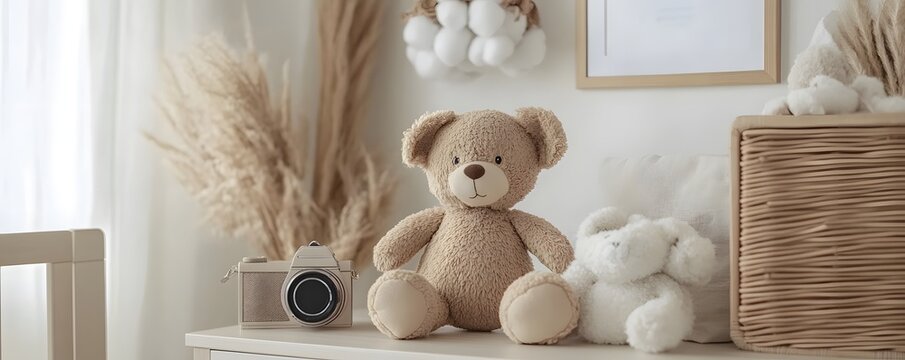 Stuffed teddy bear and small white teddy bear sit on a table with a vintage camera