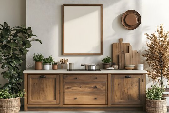 A warm and inviting kitchen counter with wooden cabinets, a marble countertop, and various potted plants. A blank framed picture hangs on the wall above, perfect for customization.
