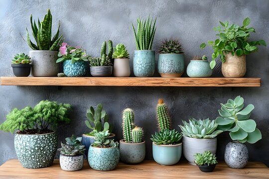 A collection of various potted plants, including succulents and cacti, displayed on two wooden shelves against a textured wall