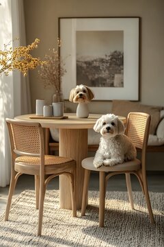 Two adorable dogs sitting at a modern wooden dining table in a cozy home interior